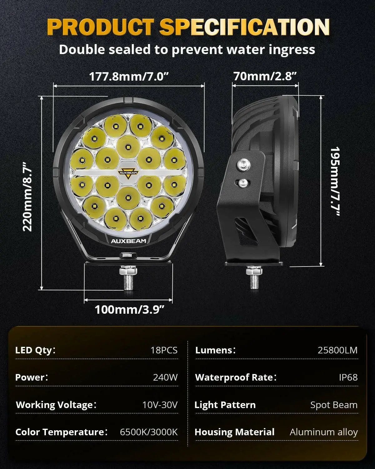 AUXBEAM RAY - L SERIES | 7 INCH 240W 25800LM DUAL DRL OFFROAD LED DRIVING LIGHTS - SLBSTORE
