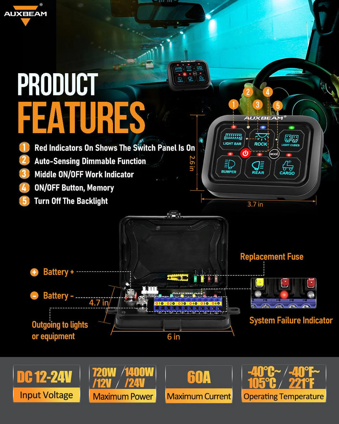 RGB SERIES 6 GANG (RA60) SWITCH PANEL, TOGGLE/ MOMENTARY/ PULSED MODE SUPPORTED (ONE - SIDED OUTLET) - SLBSTORE