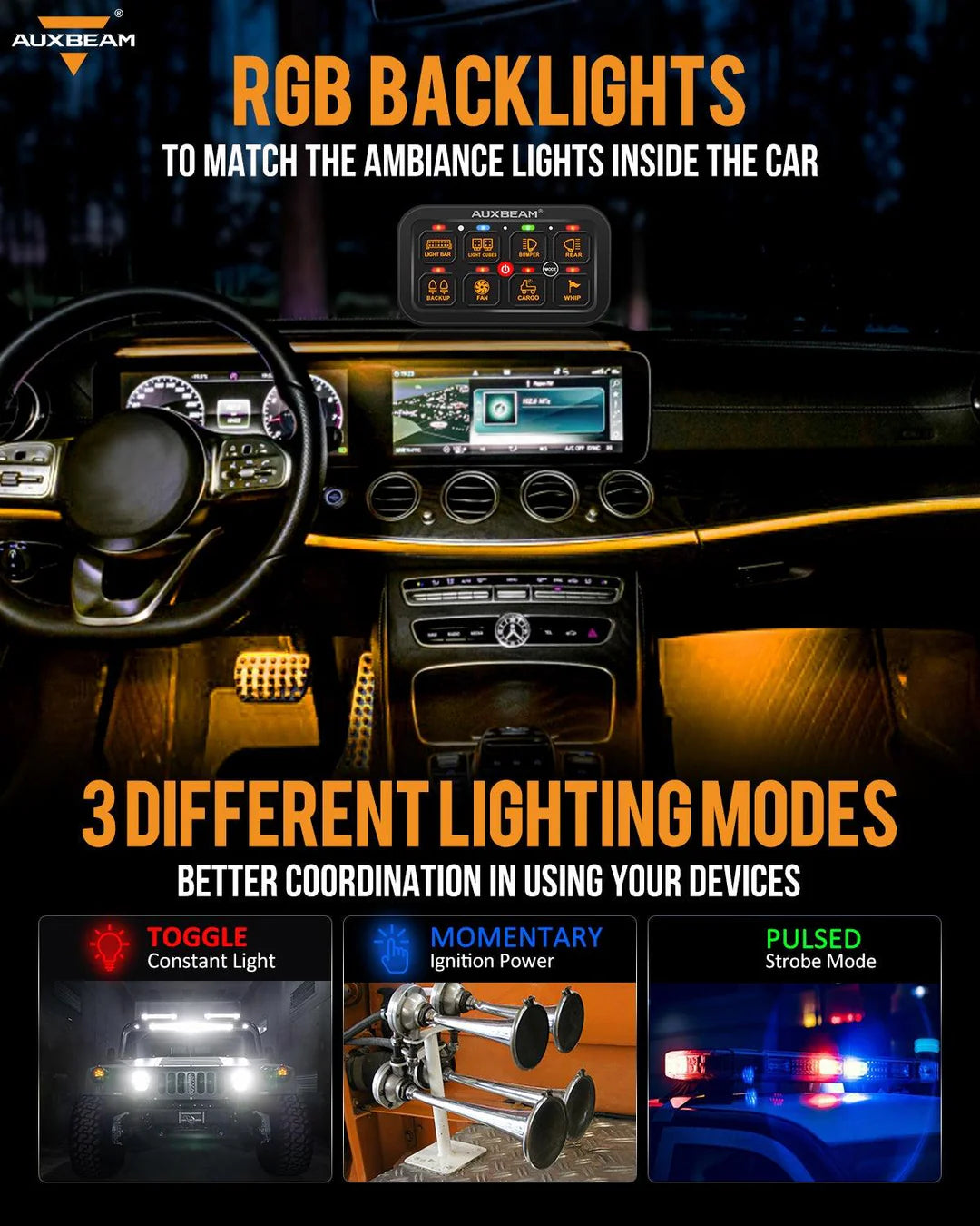 RGB SERIES 8 GANG (RA80) SWITCH PANEL, TOGGLE/ MOMENTARY/ PULSED MODE SUPPORTED (ONE - SIDED OUTLET) - SLBSTORE