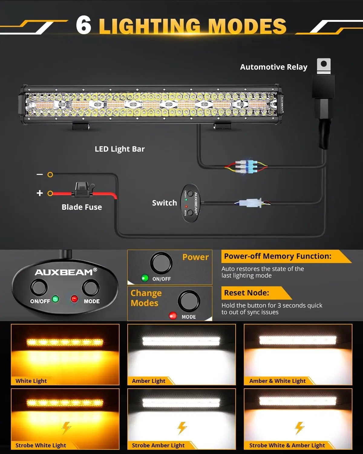 Auxbeam 6 MODES SERIES WHITE&AMBER LED LIGHT BARS 3 INCH/4INCH/7INCH/12INCH/20INCH/22 INCH/30 INCH/42 INCH/50 INCH - SLBSTORE