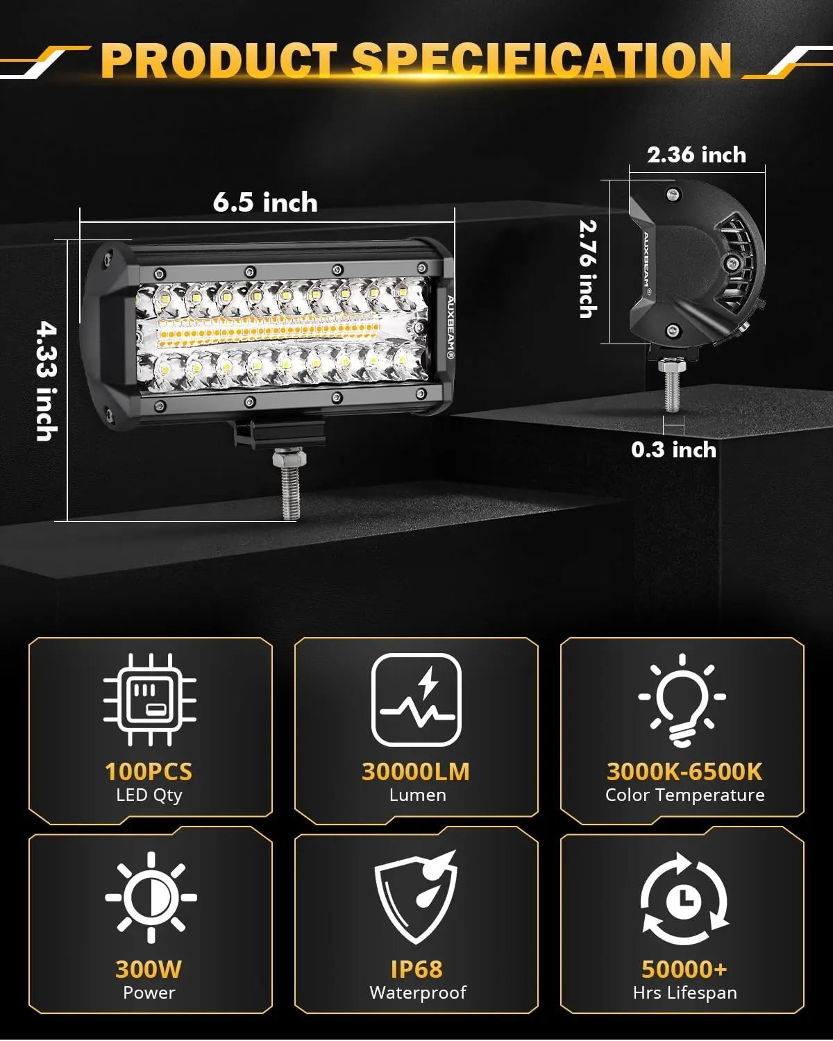 Auxbeam 6 MODES SERIES WHITE&AMBER LED LIGHT BARS 3 INCH/4INCH/7INCH/12INCH/20INCH/22 INCH/30 INCH/42 INCH/50 INCH - SLBSTORE