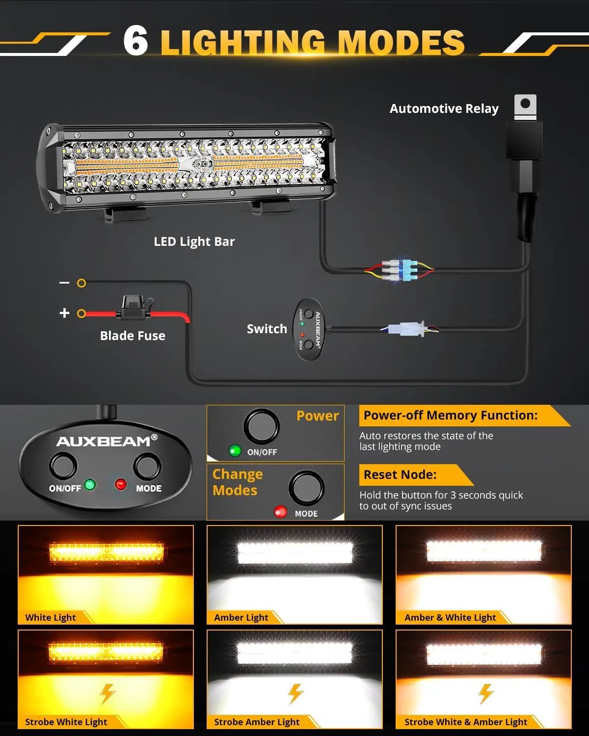 Auxbeam 6 MODES SERIES WHITE&AMBER LED LIGHT BARS 3 INCH/4INCH/7INCH/12INCH/20INCH/22 INCH/30 INCH/42 INCH/50 INCH - SLBSTORE