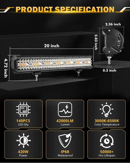 Auxbeam 6 MODES SERIES WHITE&AMBER LED LIGHT BARS 3 INCH/4INCH/7INCH/12INCH/20INCH/22 INCH/30 INCH/42 INCH/50 INCH - SLBSTORE