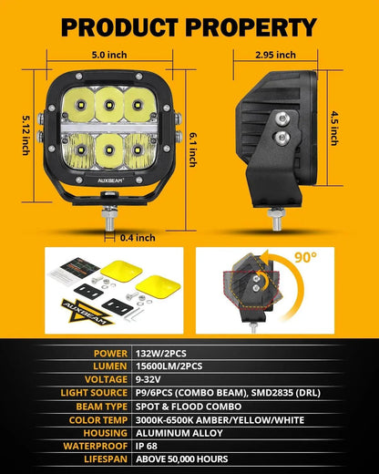 Auxbeam 5" XP - Ultra Series LED Offroad Light With Amber DRL 132W 15600LM (2 Pcs) - SLBSTORE