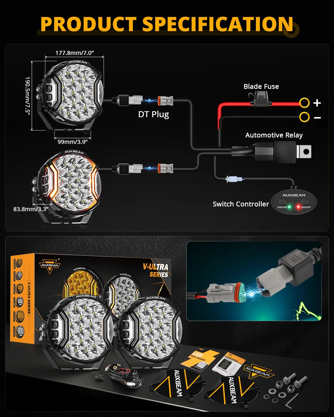 V - ULTRA SERIES | 7 INCH 226W LED SIDE SHOOTER WHITE POD LIGHTS WITH AMBER DRL - SLBSTORE
